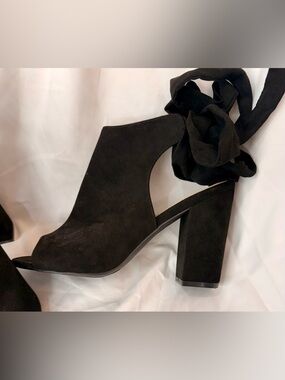 JustFab Black Suede Open-Toe Block Heel with Wrap-Tie